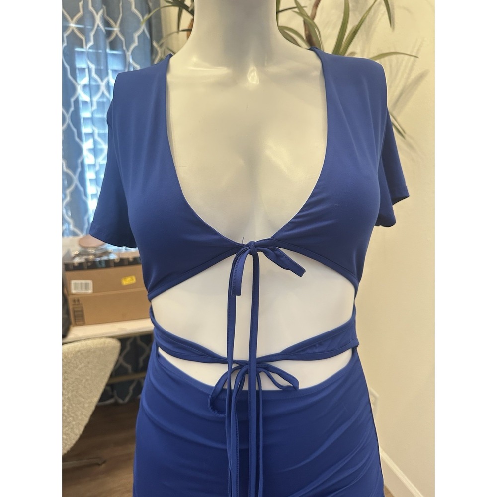 Electric Blue Cut Out Clubwear Dress M/6/8 Bodycon Ruffle Bare Midriff Low Cut - Picture 4 of 9